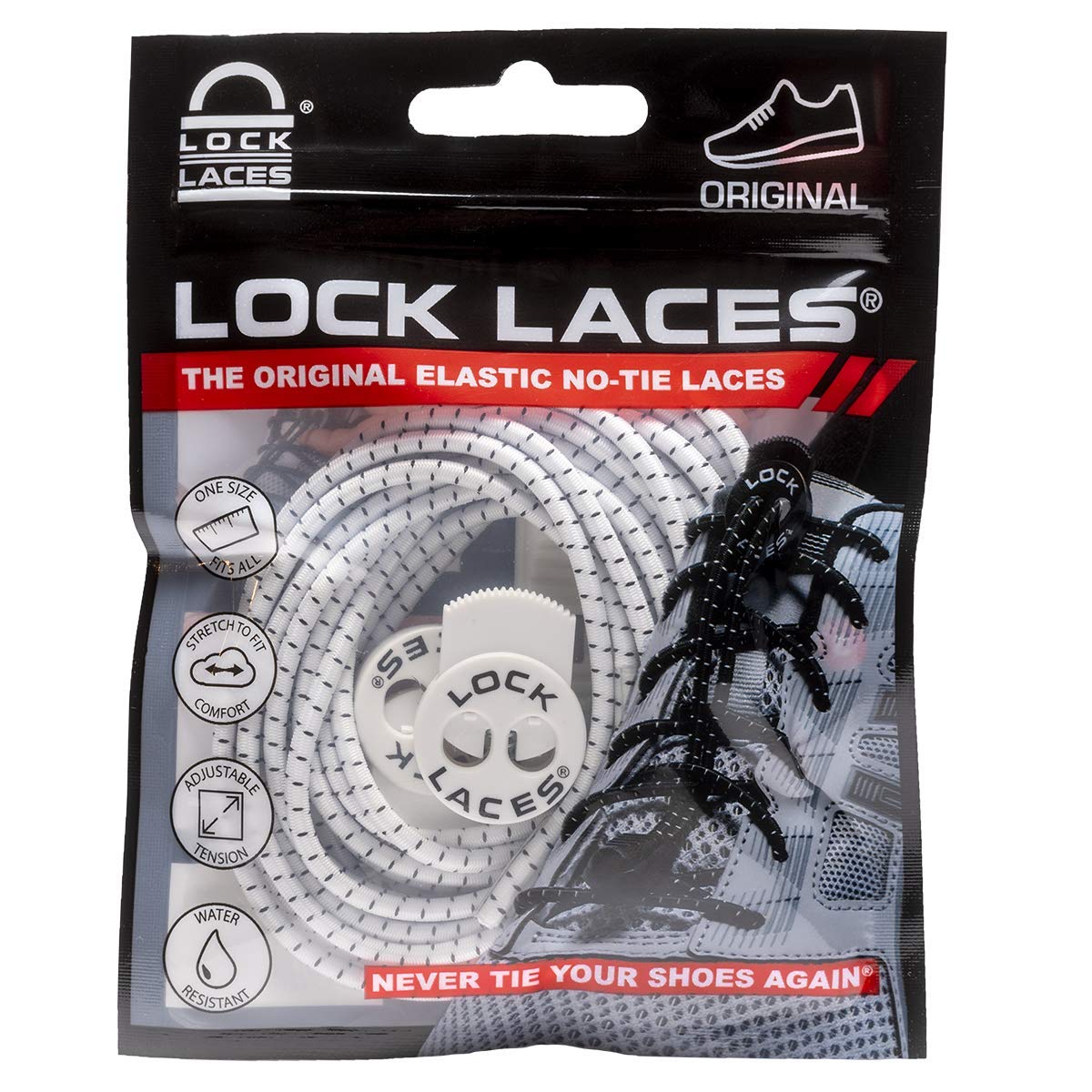 LOCK LACES (Elastic No Tie Shoelaces) (White, 48-Inch)
