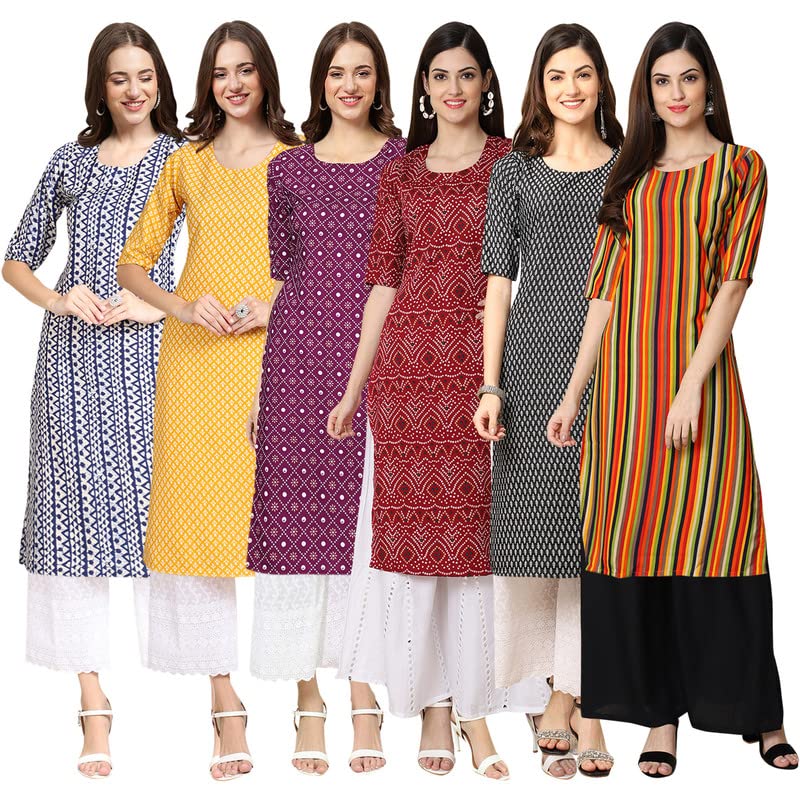 Pinkmint Womens Crepe Digital Print Straight Kurta [Pack of 6] Multicolour