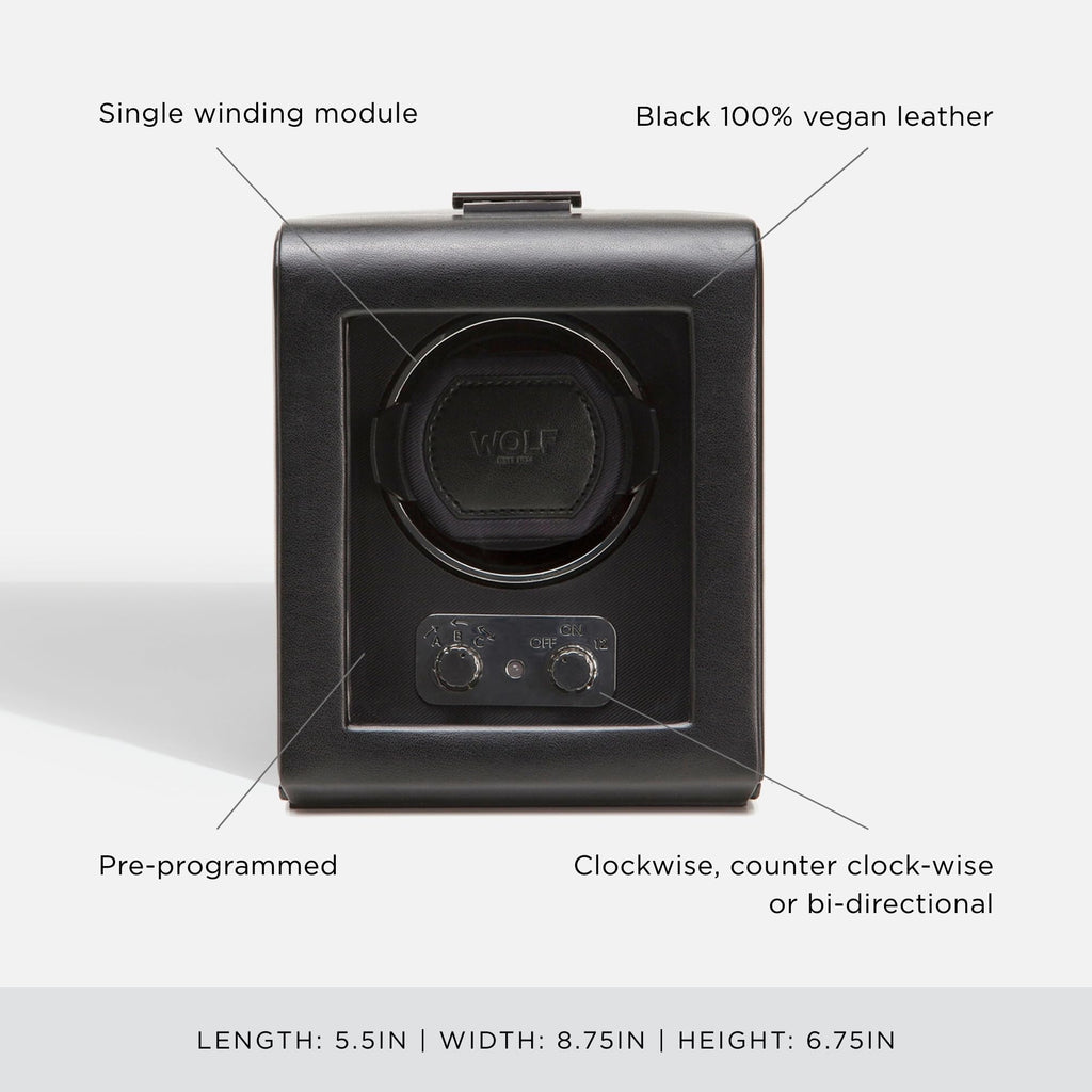 WOLF Heritage Single Winder with Glass Cover, Black - Secure Fit with Patented Lock-in Dynamic Cuff - for Bigger, Heavier Watche
