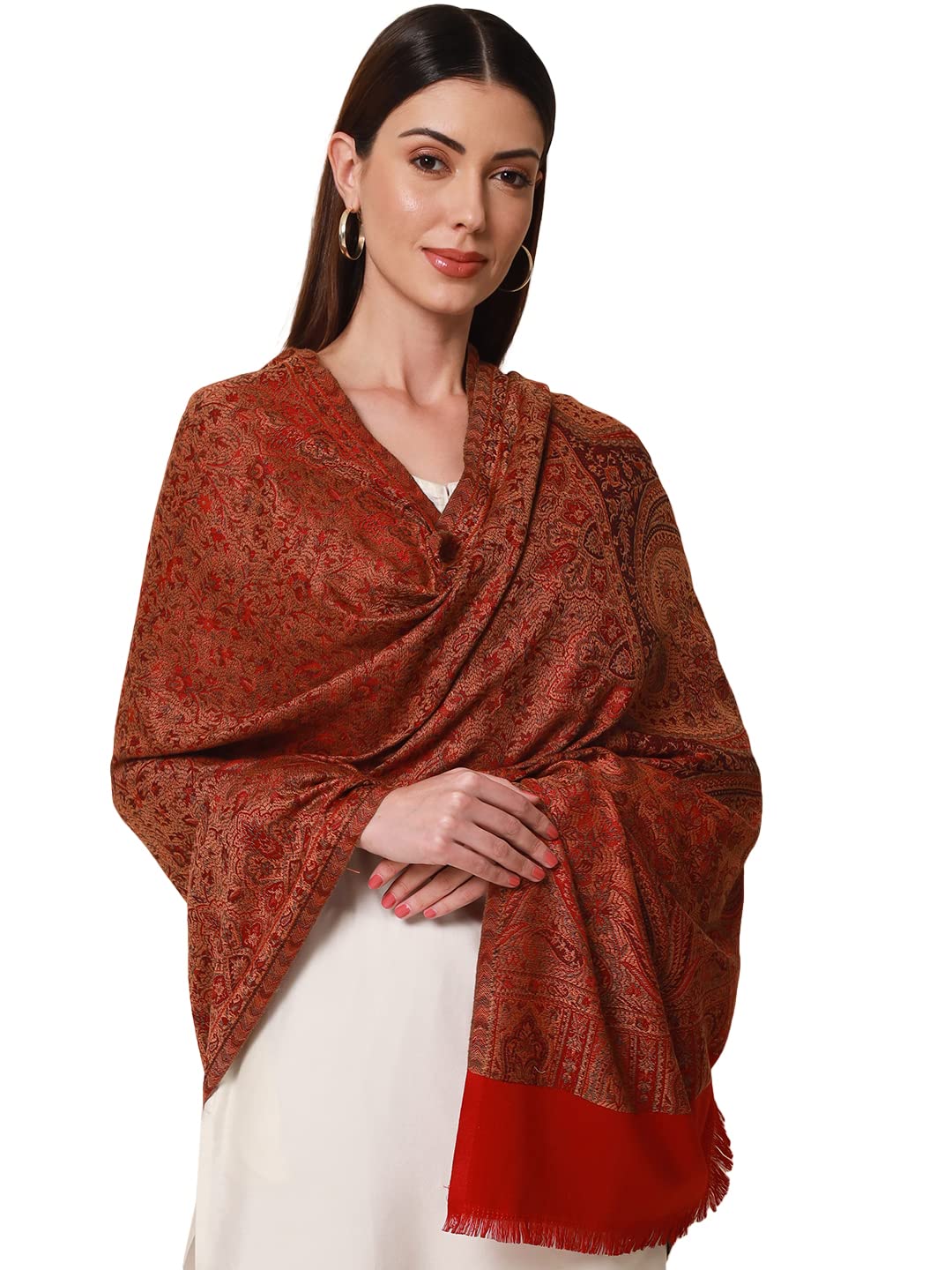 Pashmoda- Womens Faux Pashmina Jamawar Shawl, Wrap (SIZE: 40X80 Inches) (Red)