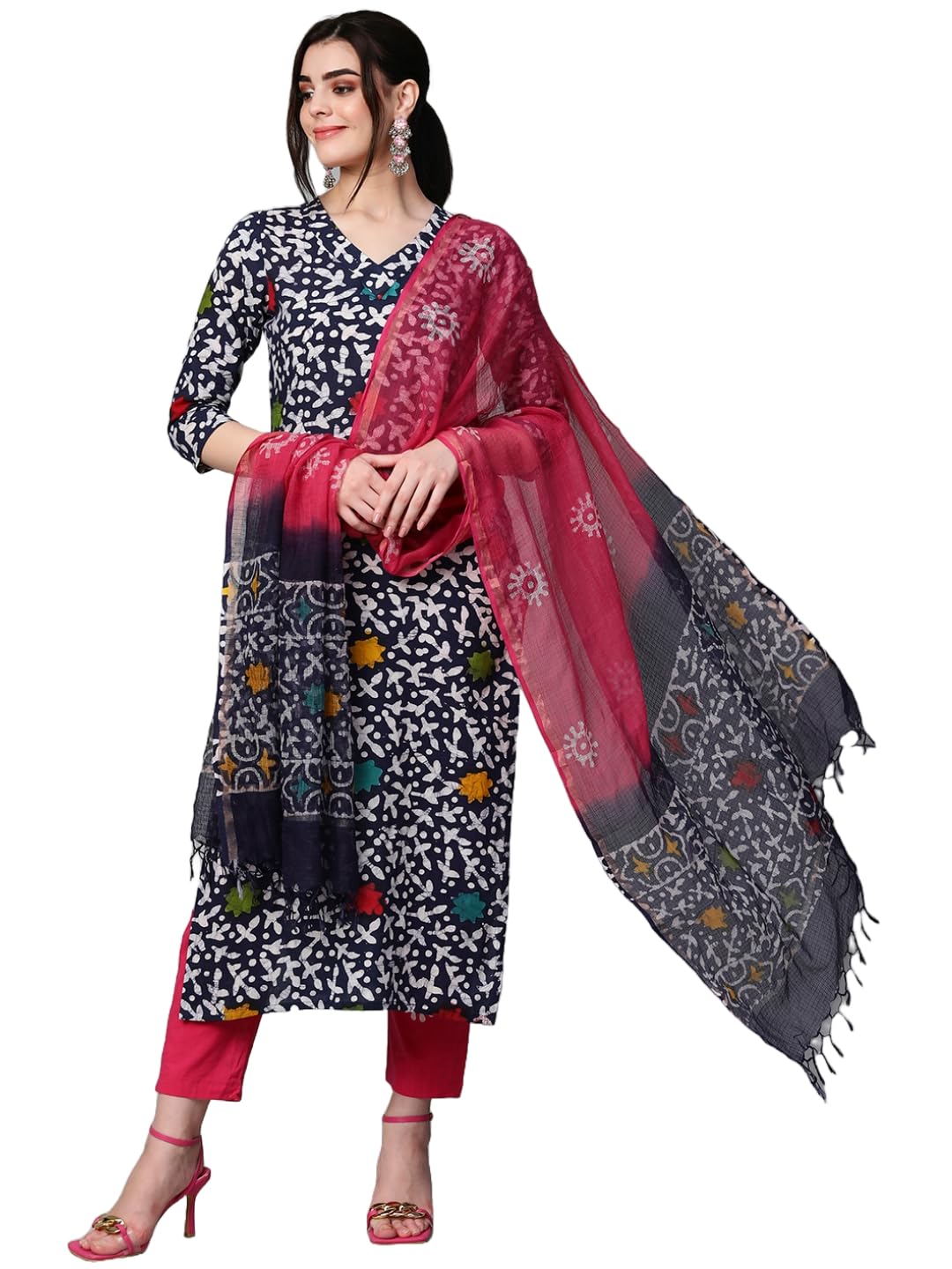 ANNI DESIGNER Womens Cotton Blend Printed Straight Kurta with Pant & Dupatta (Khara Blue_S_Blue_Small)