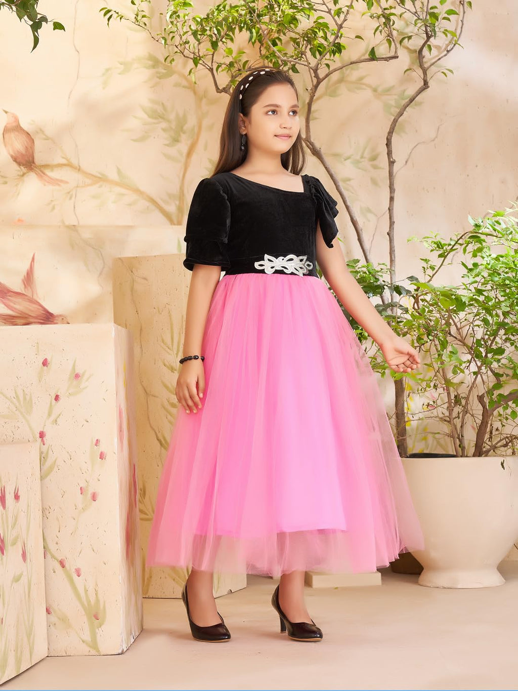 Aarika Girls Pink Colour Self Design Velvet/Net Gown (5-15 Years)
