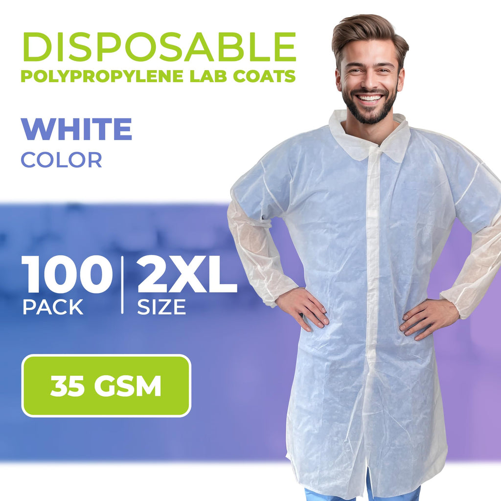 AMZ Medical Supply Disposable Lab coats for Adults 2X-Large, White Polypropylene Lab coats Disposable 100 Pack, Durable 35 gSM D