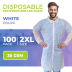 AMZ Medical Supply Disposable Lab coats for Adults 2X-Large, White Polypropylene Lab coats Disposable 100 Pack, Durable 35 gSM D
