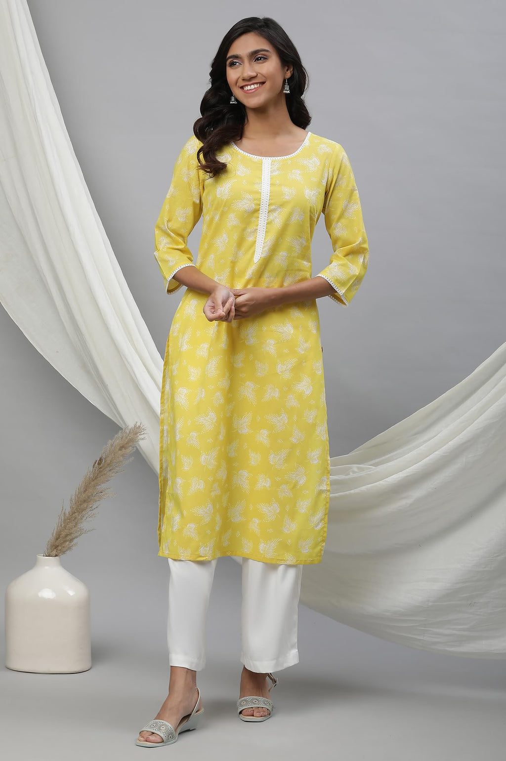 Aurelia Yellow Floral Printed Printed Lace Cotton Straight Long Kurta For Women