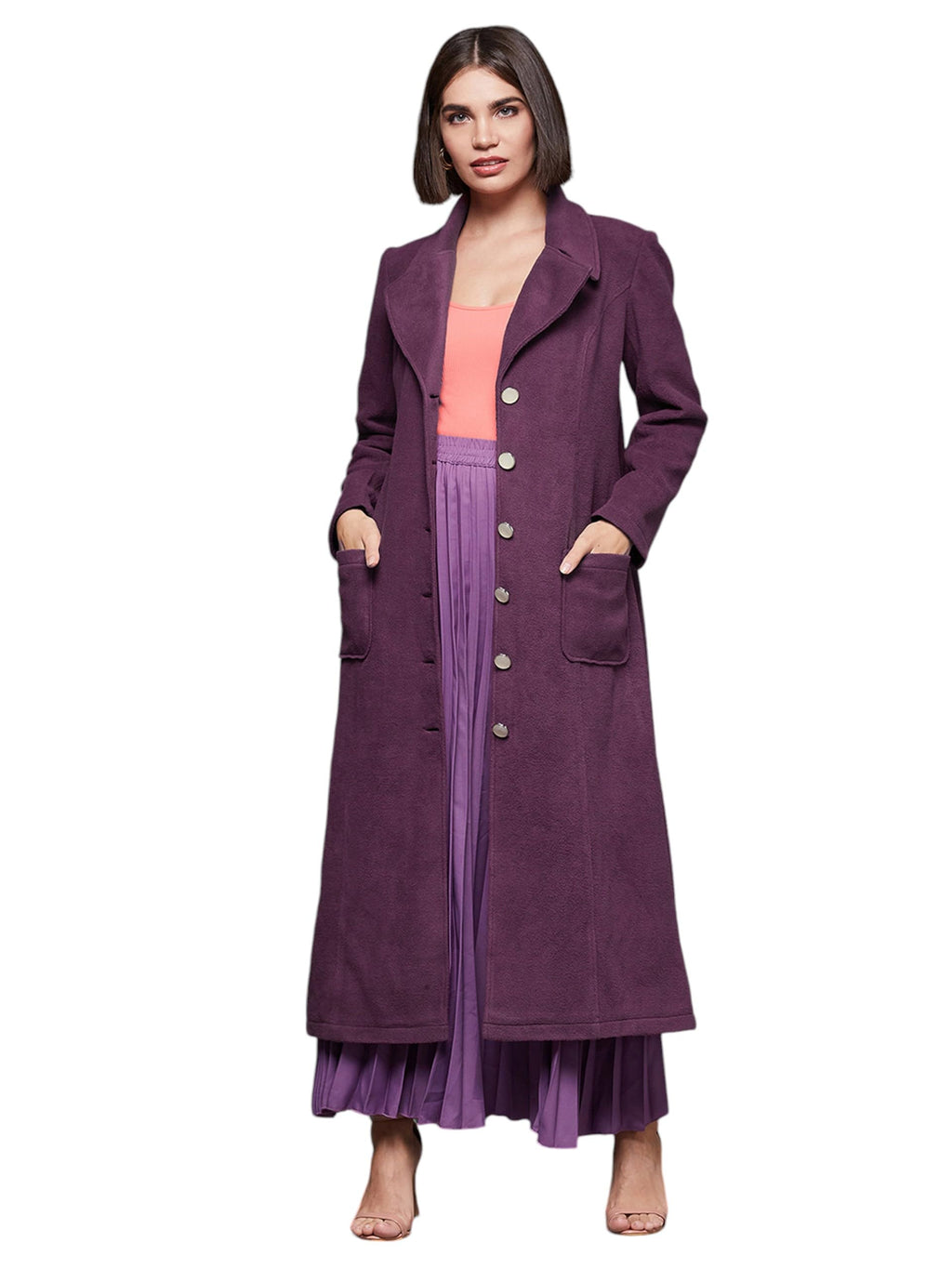 Miss Chase Womens Solid V Neck Full Sleeve Longline Button down Jacket (MCAW24JKT03-55-255-02, Dark Mauve, XS)