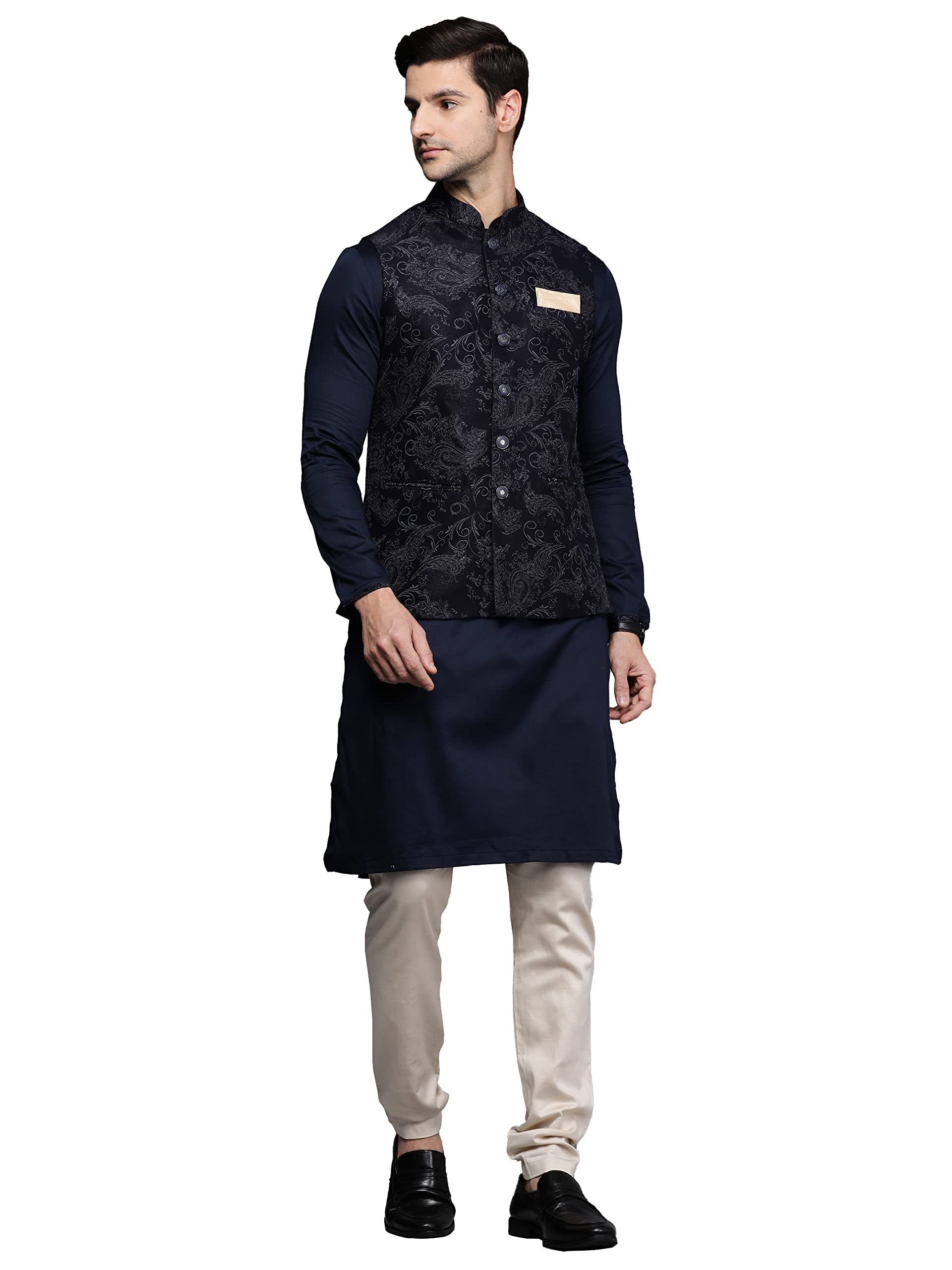 Manyavar Rayon Blend Printed Kurta Churidar With Jacket Set For Men (Black, L)