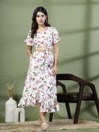 Oomph! Crepe Crop Top And Skirt Set For Women, White - Coord_Mt886Msk194