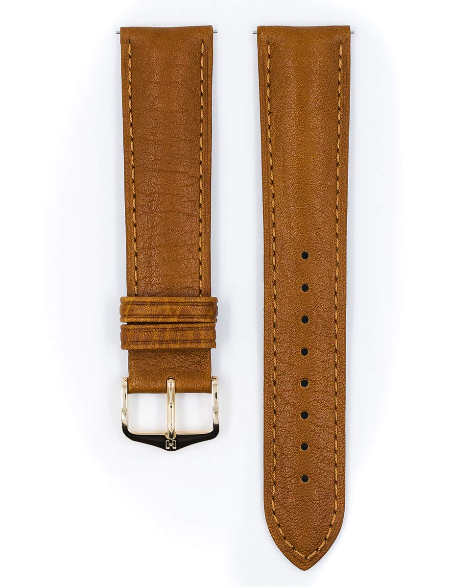 Hirsch Camelgrain Calf Watch Strap - Honey Band/Gold Buckle - L - 20mm / 18mm - Shiny Gold Buckle - Leather Band