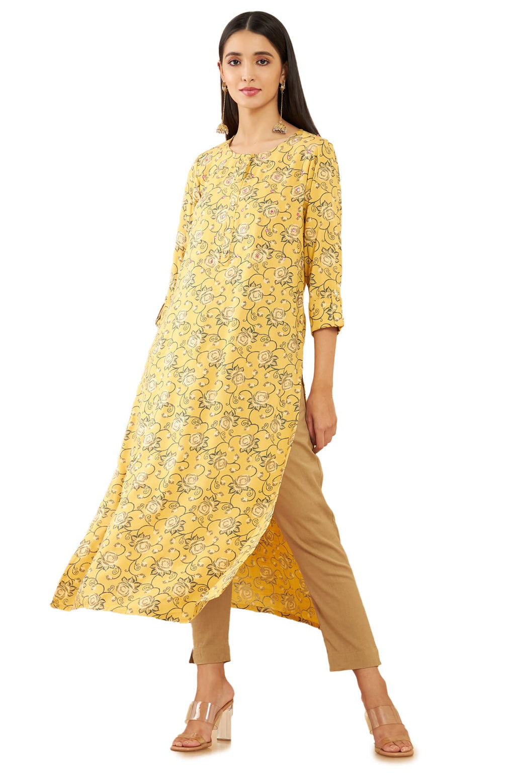Soch Mustard Yellow Rayon Floral Print Straight Fit Kurta