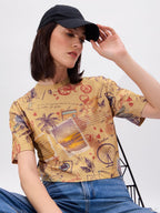 The Souled Store Explorer Women and Girls Short Sleeves Round Neck Brown All Over Printed Cotton Oversized Cropped T-Shirts