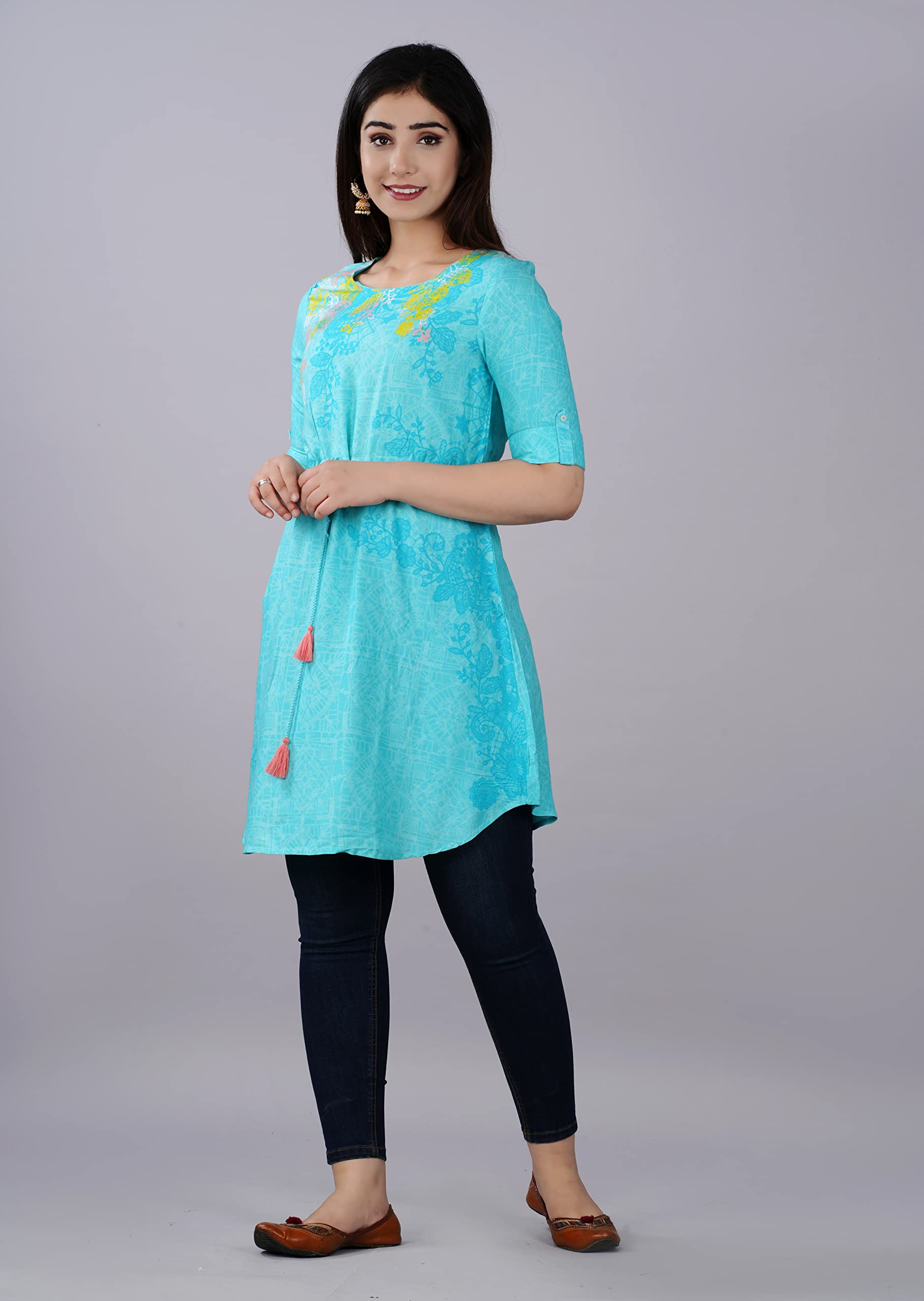 Digital Shopee Women'S Rayon Printed Regular Dress Shirt (Ds-113-Short Kurti-M_Turquoise