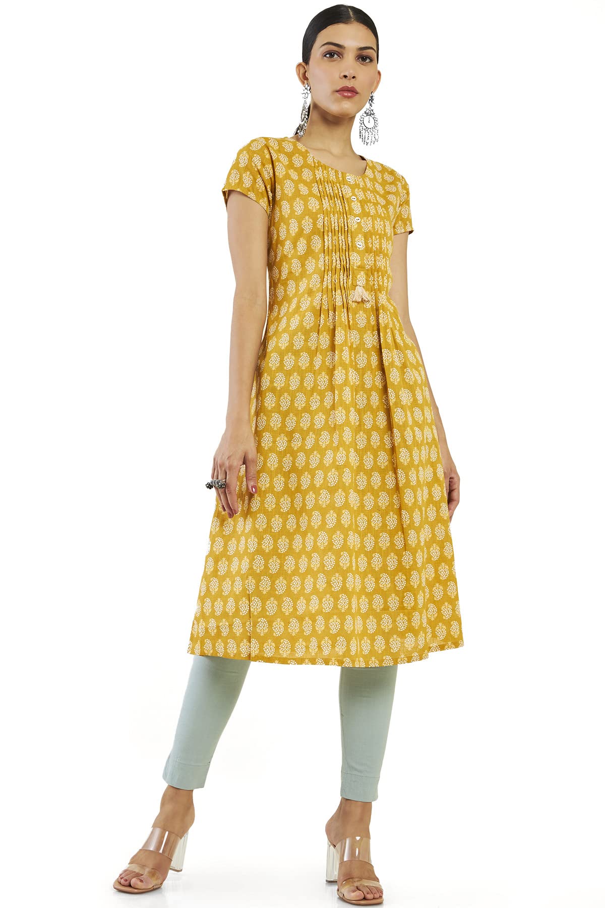 Soch Women Yellow Cotton Blend Printed Kurta(8907715919905_Yellow_M)
