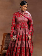 Libas Womens Printed Cotton A-Line Kurta With Churidar And Dupatta