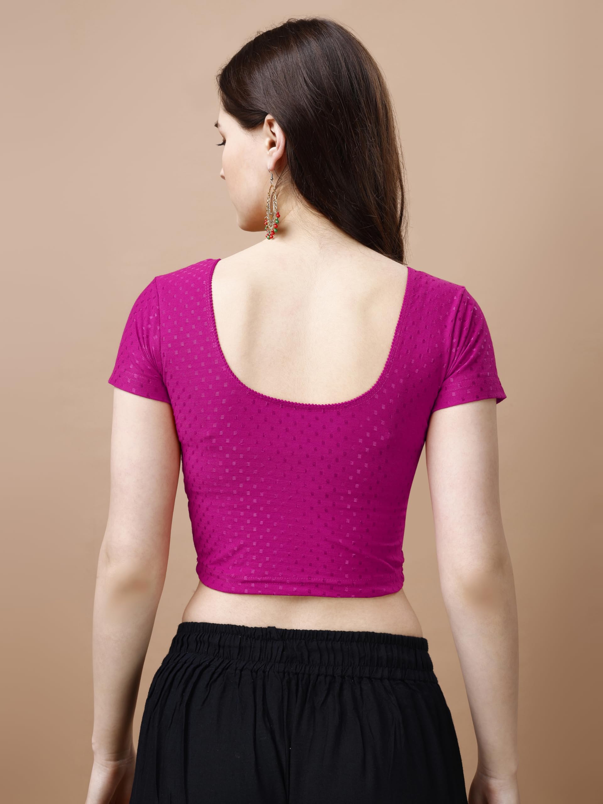 Pujia Mills WomenS Readymade Dobby Cotton Lycra Stretchable Round Neck Short Sleeve Blouse Fancy Pink Color Lycra Stretchable B