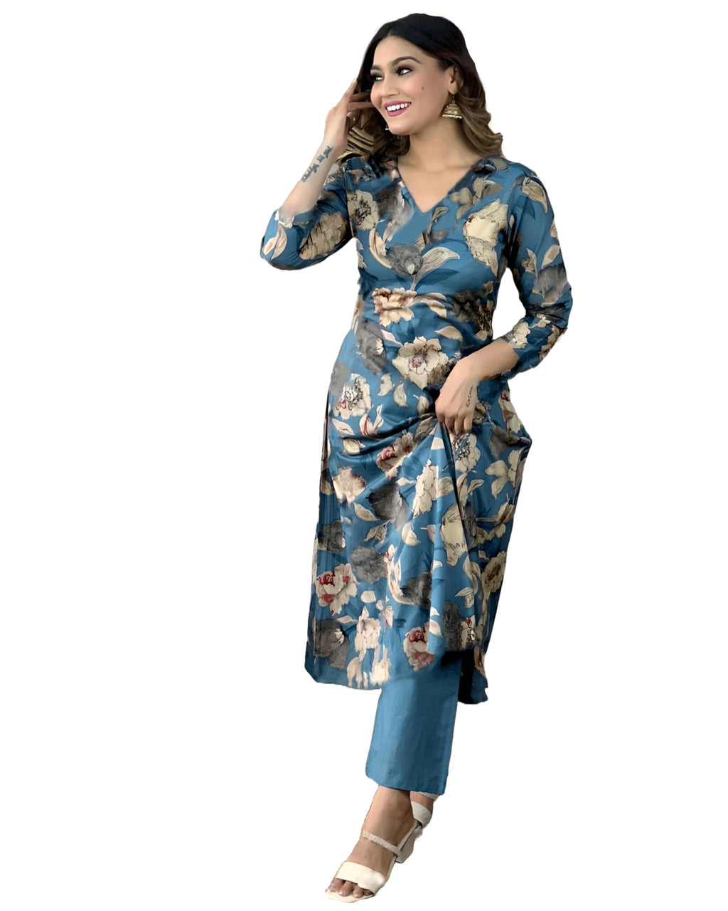 ANNI DESIGNER Womens Cotton Blend Straight Printed Kurta with Pant (DHUN Cerosin_M_Dark Blue_Medium)