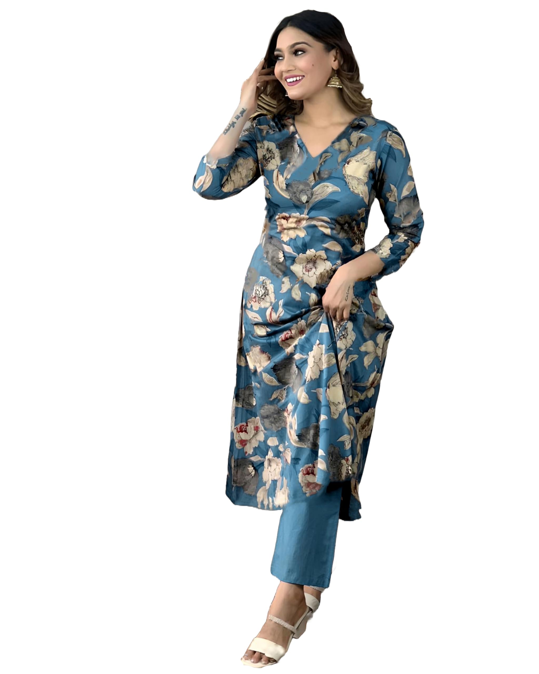 ANNI DESIGNER Womens Cotton Blend Straight Printed Kurta with Pant (DHUN Cerosin_M_Dark Blue_Medium)