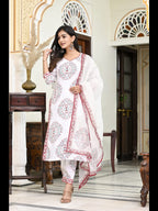 Gosriki Women'S Cotton Blend Floral Printed Straight Kurta With Pants & Dupatta (Cup-Off-White-Cmd-Gs)