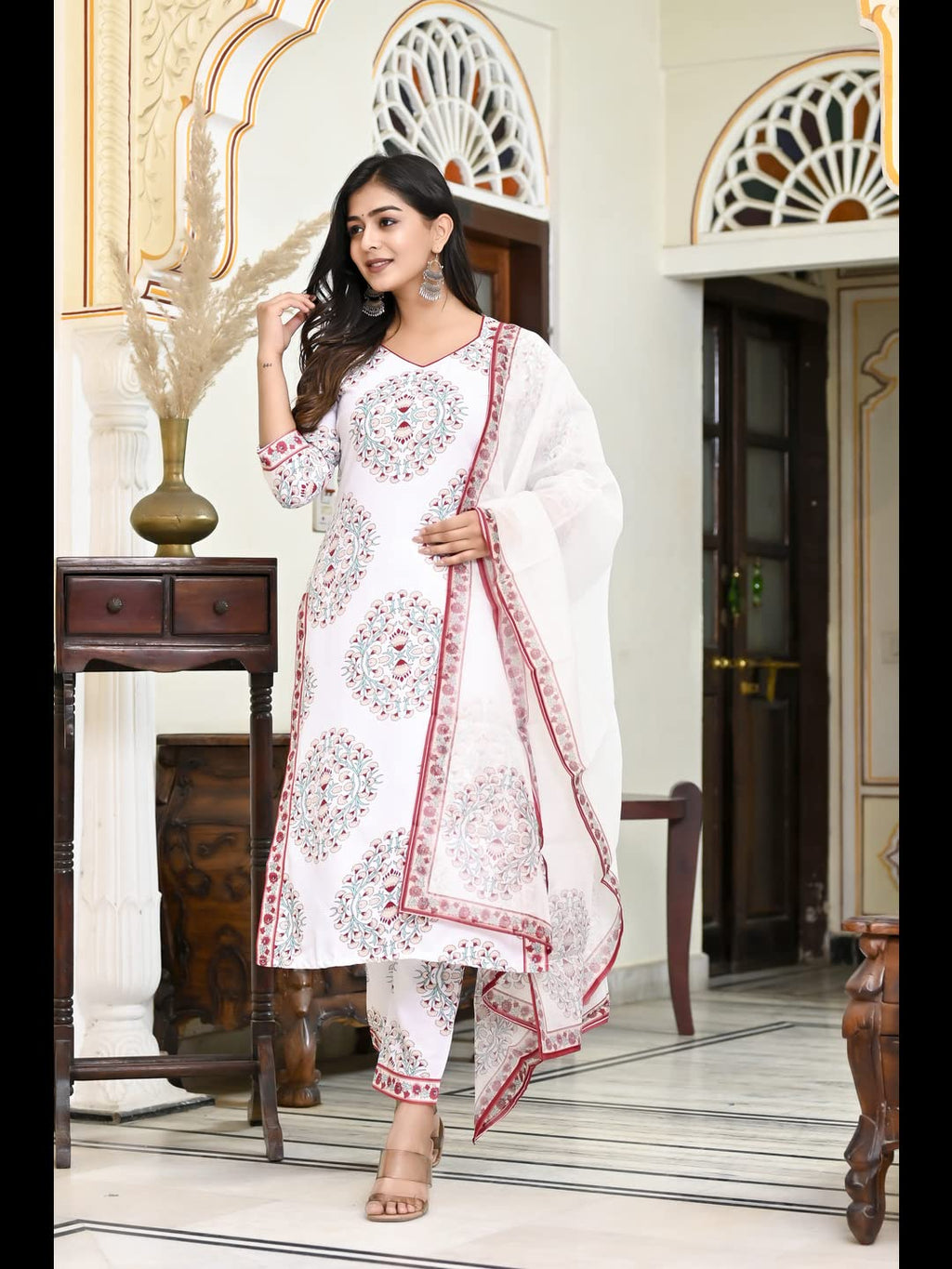 ANNI DESIGNER Womens Cotton Blend Floral Printed Straight Kurta with Pants & Dupatta (Cup-Off-White-CMD_S_White_Small)