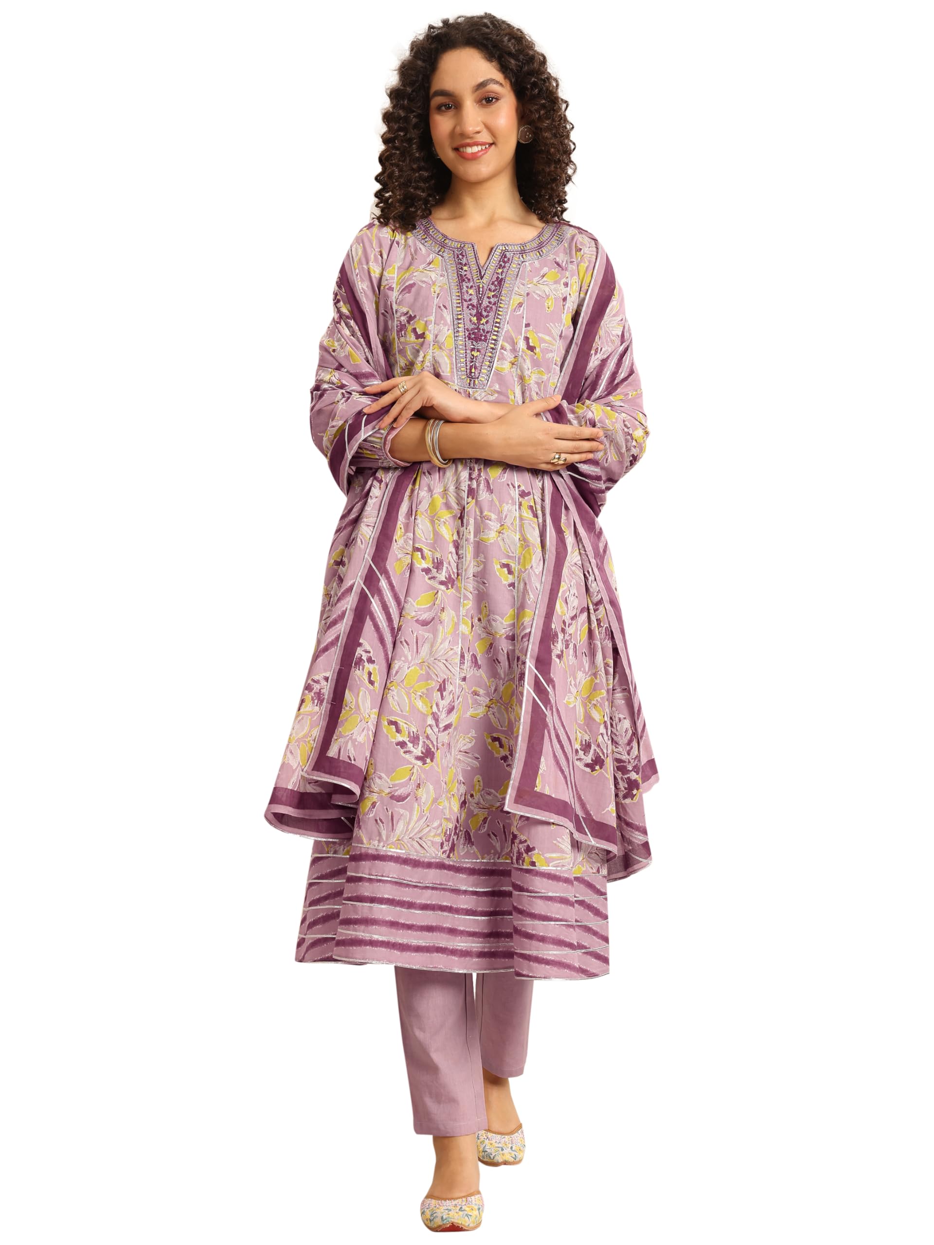 Mauve floral printed gotta patti anarkali kurta with narrow trouser and floral printed dupatta