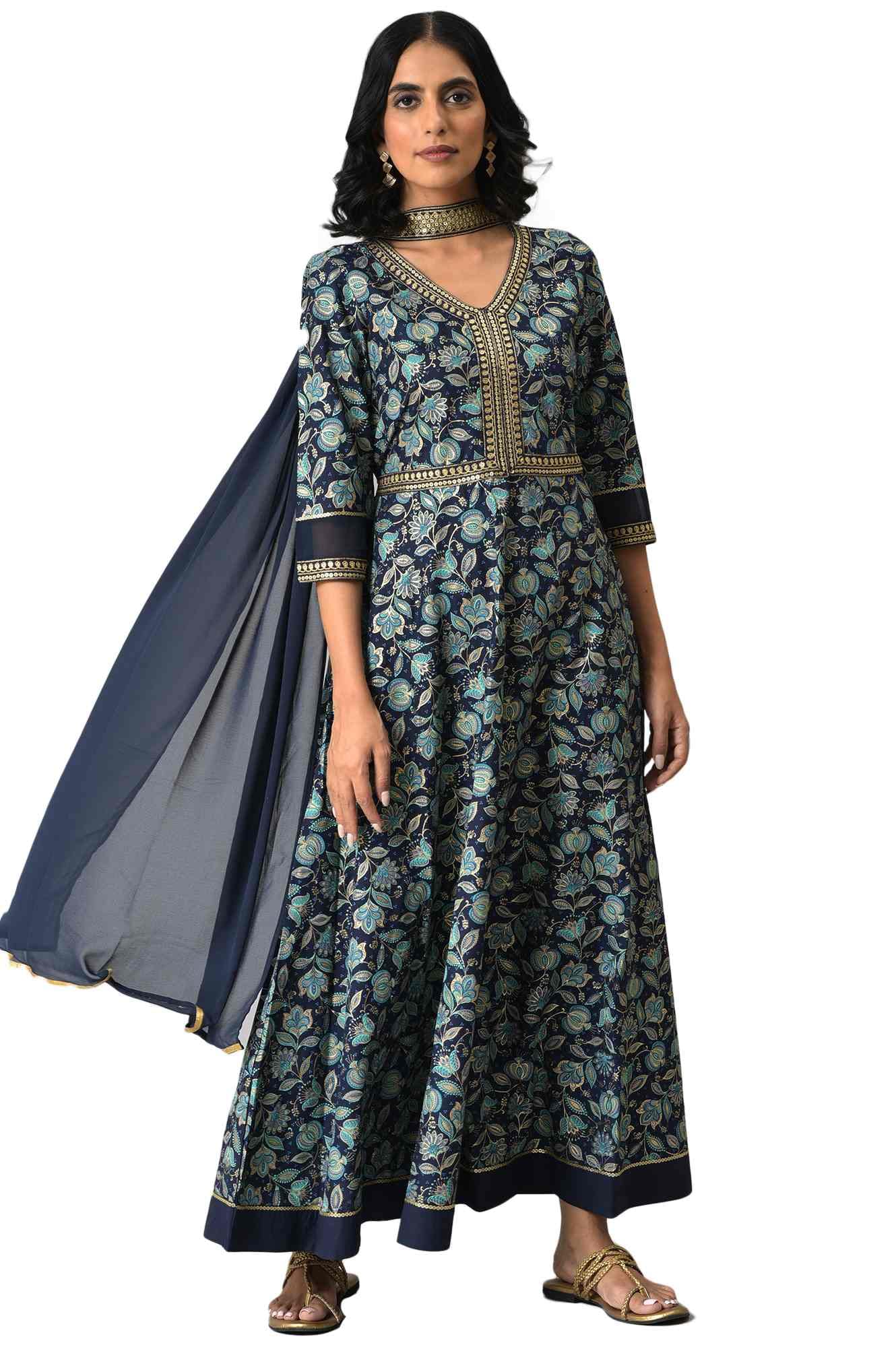 Aurelia Women Blue Floral Printed With Zari Embroidery Liva Dress And Dupatta_22Auas13516-505448_Xxl