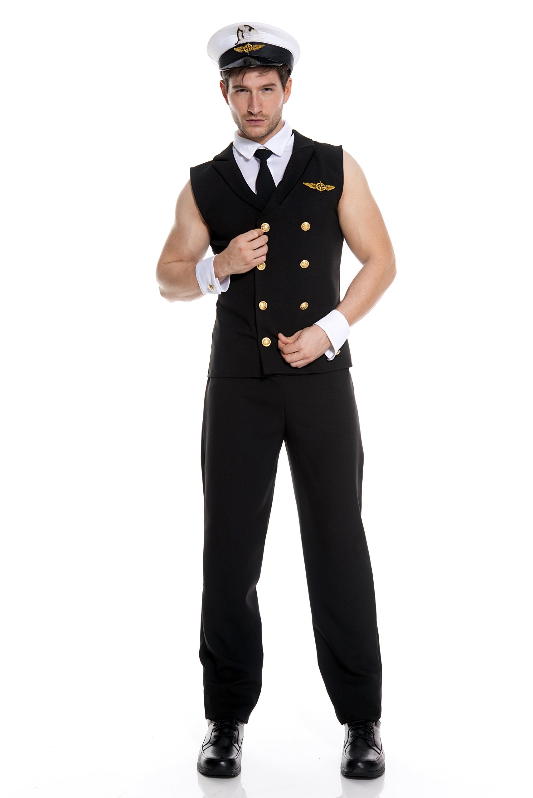 Music Legs 76616-BLACKL 5 Piece Gold Button Vest with Pants&#44; Hat&#44; Tie & Cuffs&#44; Black - Large