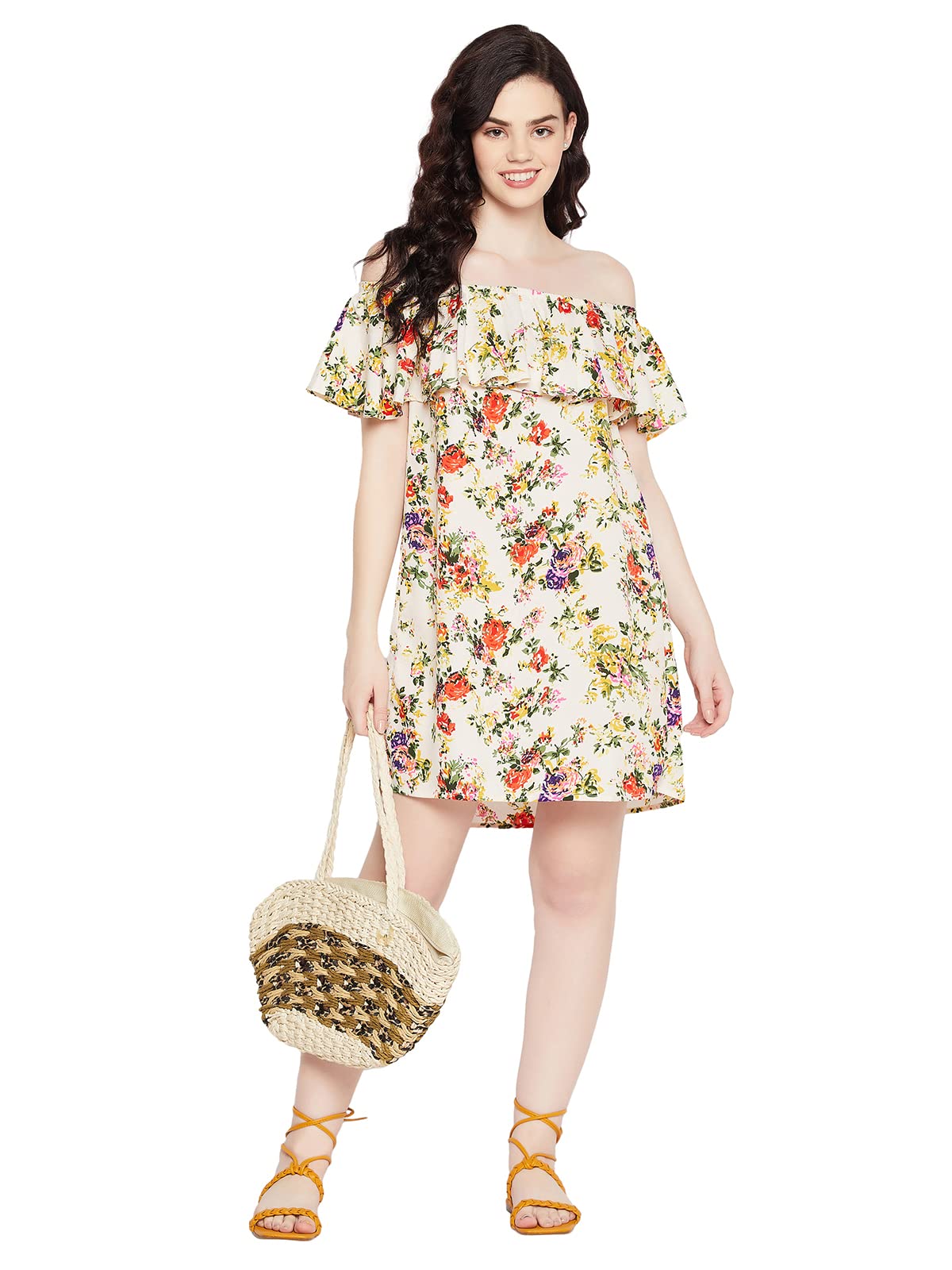 Clovia Women'S Crepe Pretty Florals Resortwear Bardot Dress (Rw0018P18_White_Xxl)