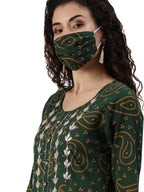 Ishin Women'S Cotton A-Line Embellished Gotta Patti Bandhani Print Green Kurti