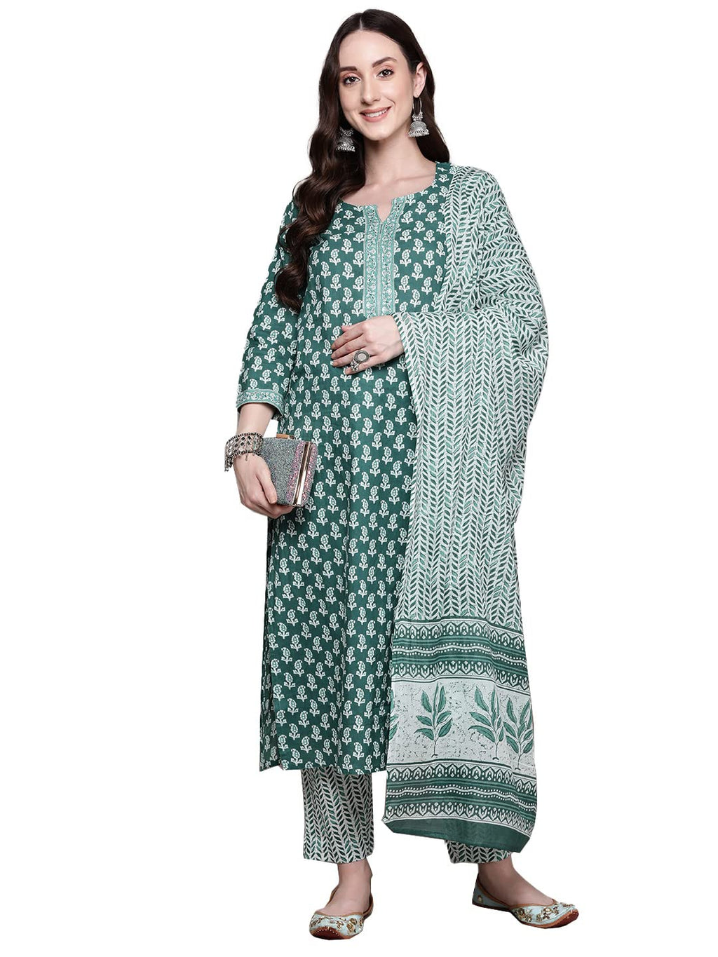 Anubhutee Women'S Pure Cotton Ethnic Motifs Teal Printed Straight Kurta Suit Set