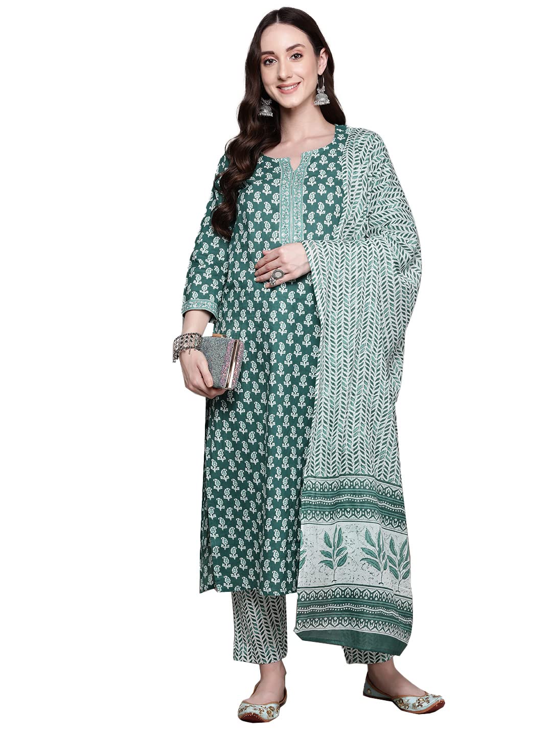 Anubhutee Women'S Pure Cotton Ethnic Motifs Teal Printed Straight Kurta Suit Set