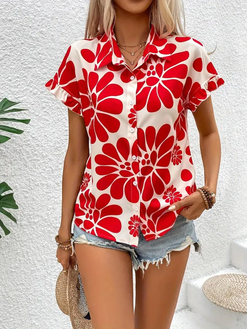Gufrina Top For Women Stylish Western|Shirt Type Top|Half Sleeve|Fabric Rayon| Collar Neck | Floral Print Button Front Blouse|Ca