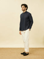 Manyavar Mens Blue Linen Short Kurta