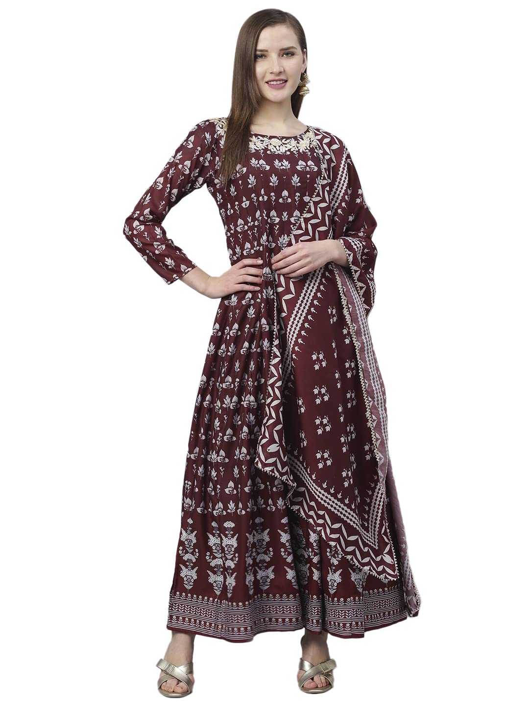 Ishin Women'S Viscose Rayon Anarkali Printed Zari Floral Print Brown Kurti With Dupatta Drflow-6070_S_Brown