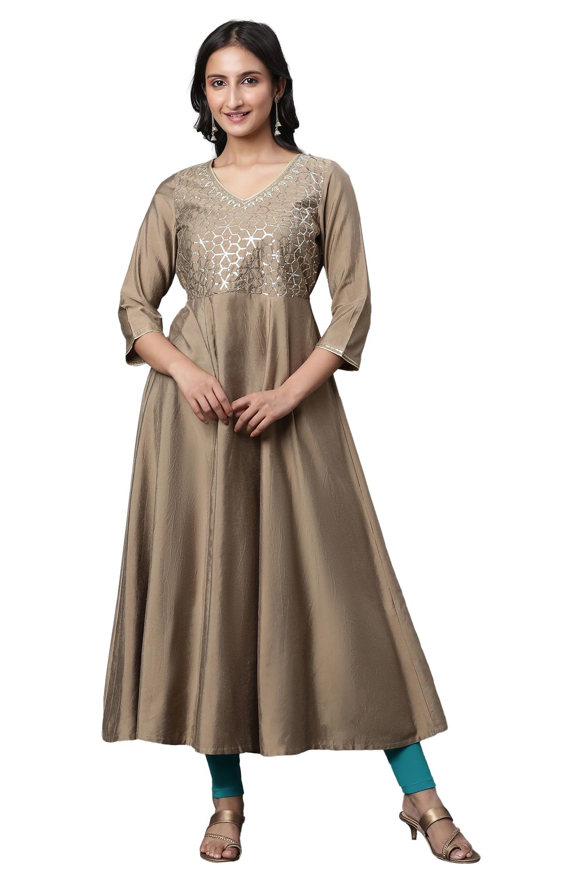 Aurelia WomenS Mud Gold Solid Solid Viscose Poly Flared Kurta_23Aua14688-704200_Xl
