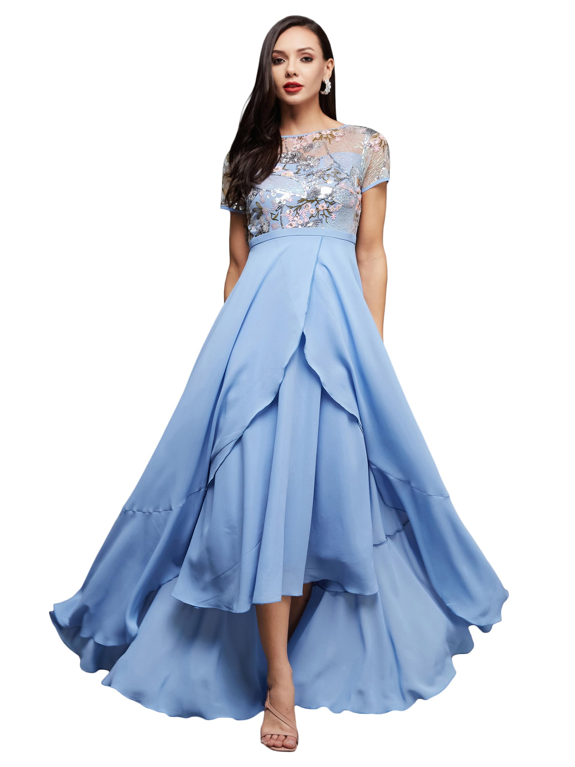 Miss Chase WomenS Round Neck Short Sleeve Midi Dress (Mcss23D13-78-231-06, Multicolored-Base-Sky Blue, Xl)