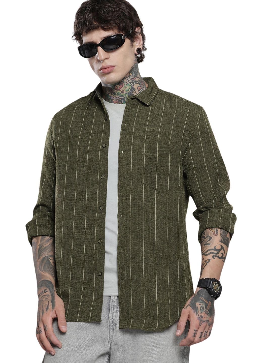 The Indian Garage Co Mens Slim Fit Vertical Striped Long Sleeves Shirt