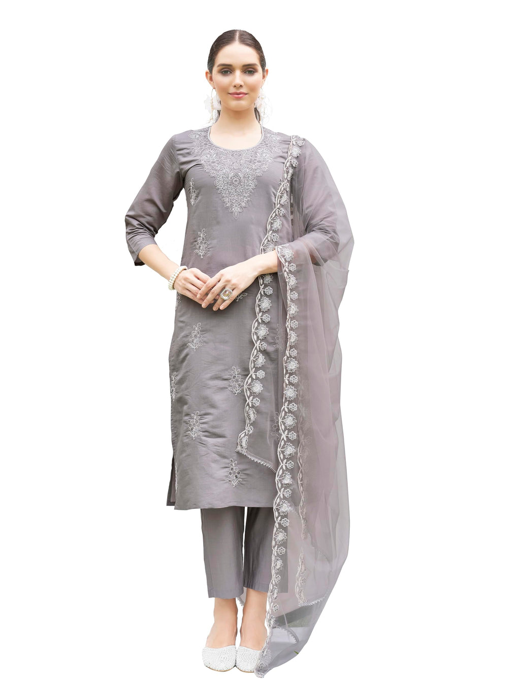 Womanista Women'S Grey Colour White Cording Embroidered Kurta And Pants With Dupatta (Kurtaset_1309_M)