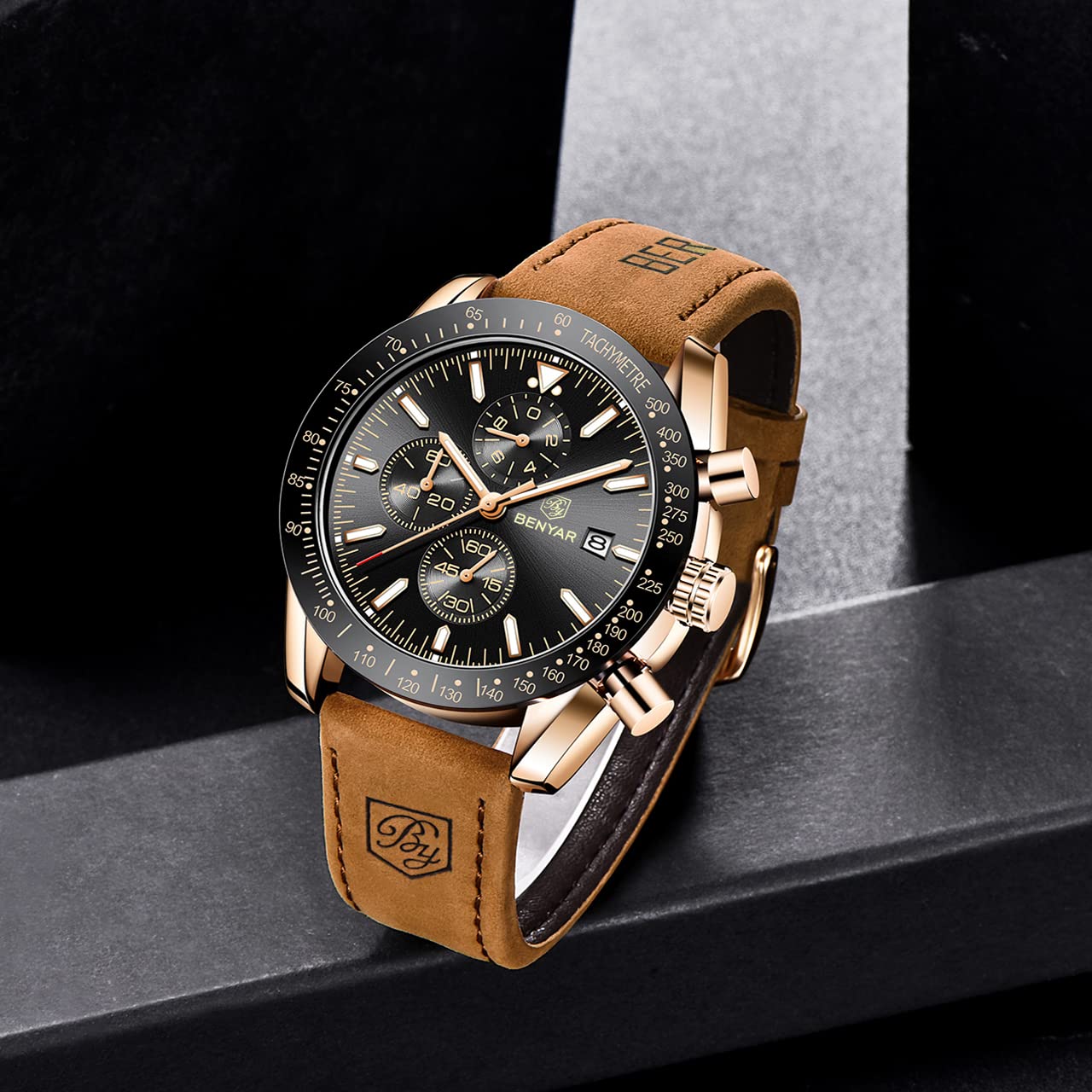 BENYAR Classic Fashion Quartz Chronograph Watch Casual Sport 30M Waterproof Leather Band Mens Watches (Brown-Black)