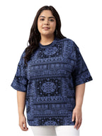 Juneberry 100% Pure Cotton Oversized Baggy Fit Stylish Paisley Bandana Print Half Sleeve Plus Size T-Shirt For Women & Girls (Jb