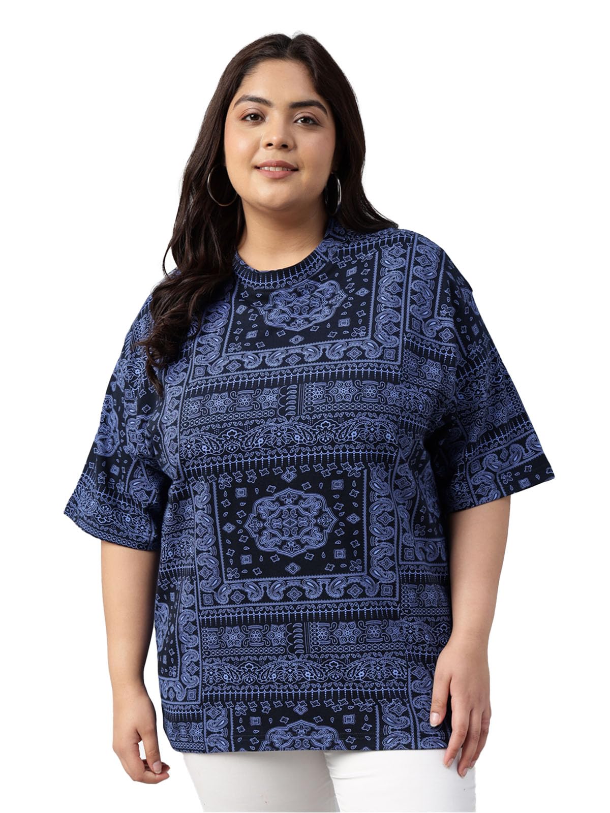 Juneberry 100% Pure Cotton Oversized Baggy Fit Stylish Paisley Bandana Print Half Sleeve Plus Size T-Shirt For Women & Girls (Jb