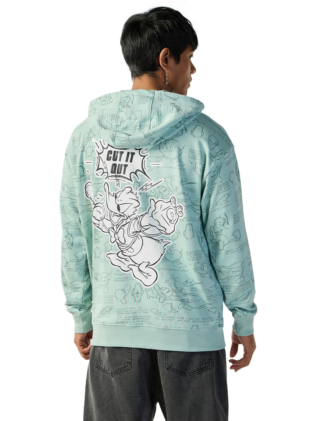 Bewakoof Official Disney Merchandise Donald Duck Mens All Over Printed Oversized Fit Full Sleeve Hooded Cotton Terry Plus Size 