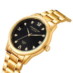 DREAMING Q&P IP Gold Plating Steel Roman Numeral Dial with Rhinestones Luxury Mens Wrist Watches for Man Black 003