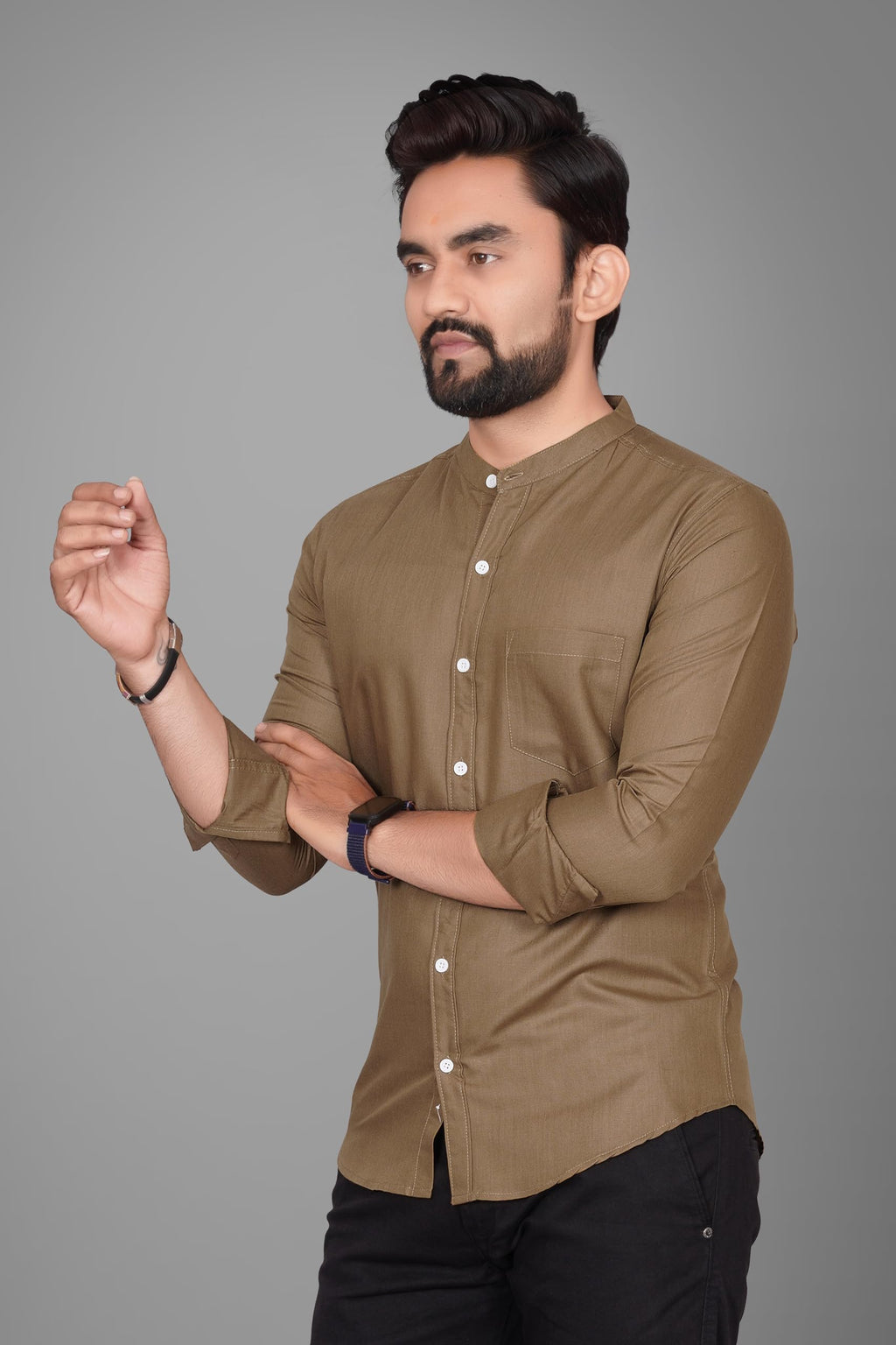 Besix MenS Cotton Solid Shirt With Mandarin Collared Full Sleeve Button Closure Curved Hem Straight Length And One Pocket | Mdr