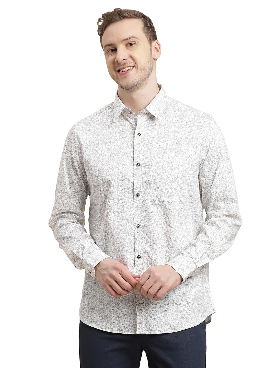 Turtle Men 100% Cotton Slim Fit White Printed Full Sleeve Party Shirt