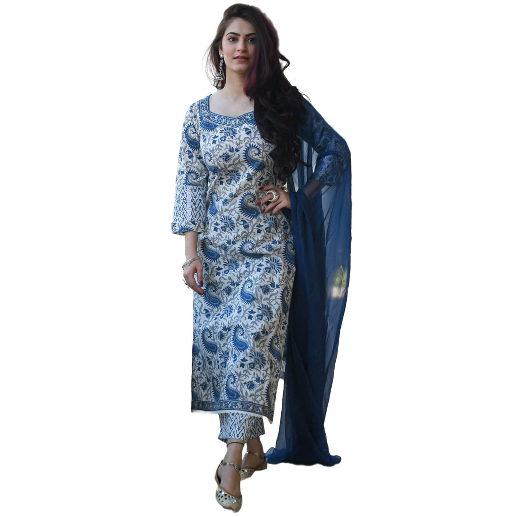 Gosriki Women'S Cotton Blend Straight Printed Kurta With Pant & Dupatta (Please-Blue_S-Go_Blue_Small)
