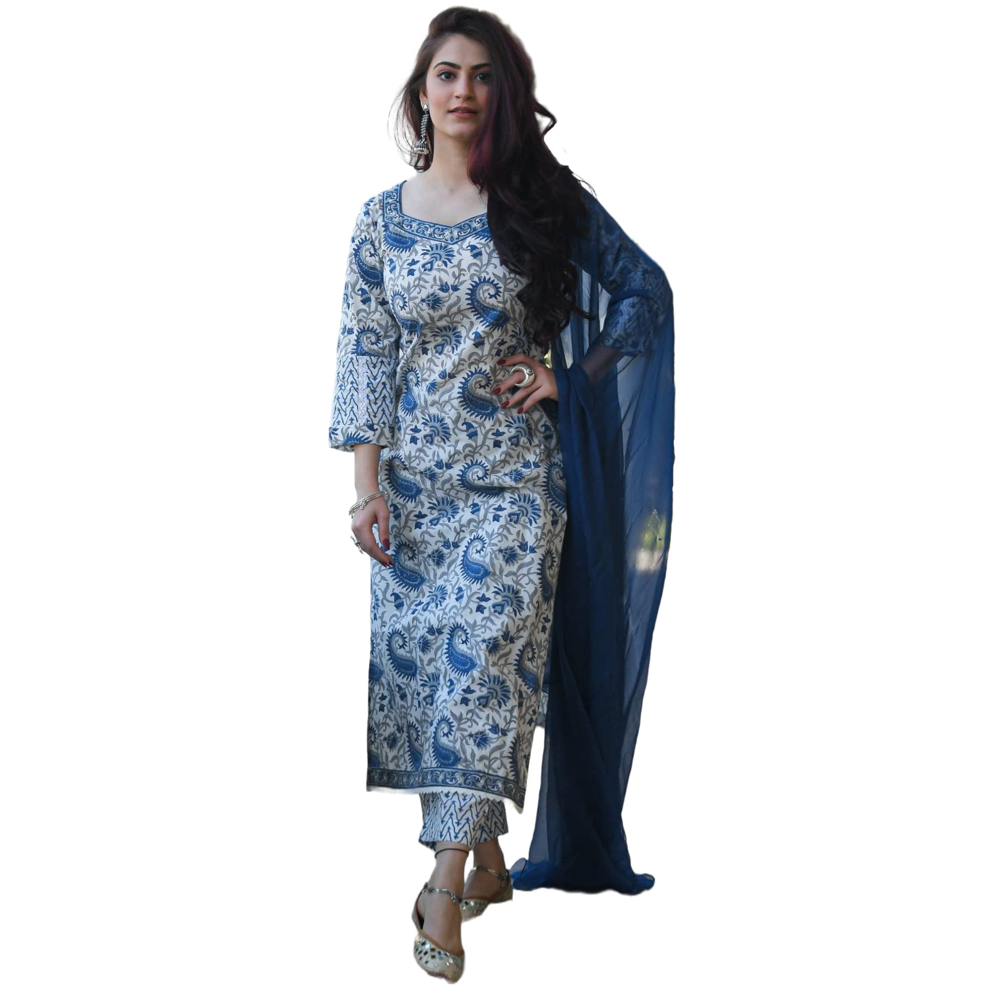 Gosriki Women'S Cotton Blend Straight Printed Kurta With Pant & Dupatta (Please-Blue_S-Go_Blue_Small)