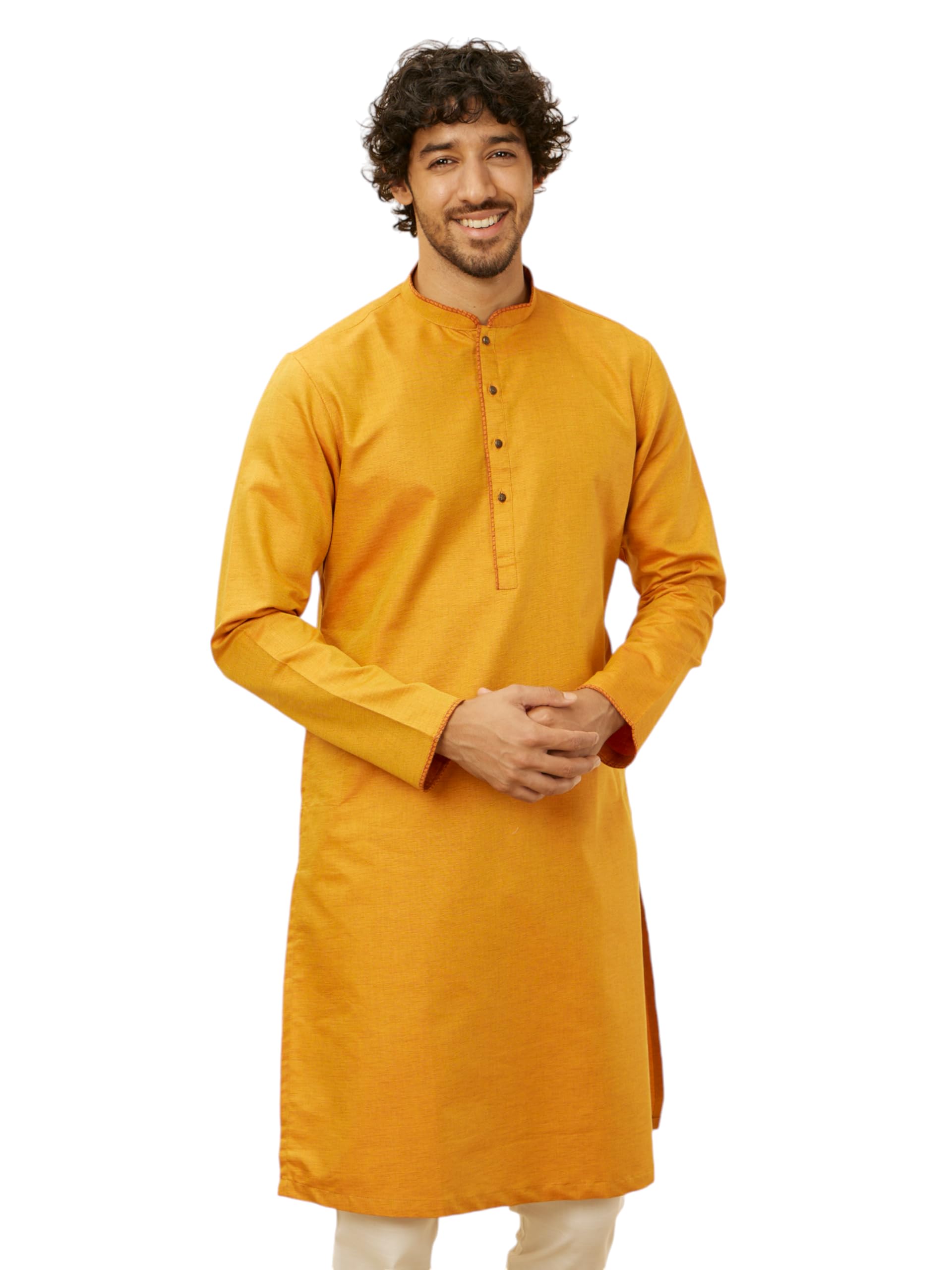Manyavar Mens Mustard Yellow Contrast Piping Kurta (XXL)