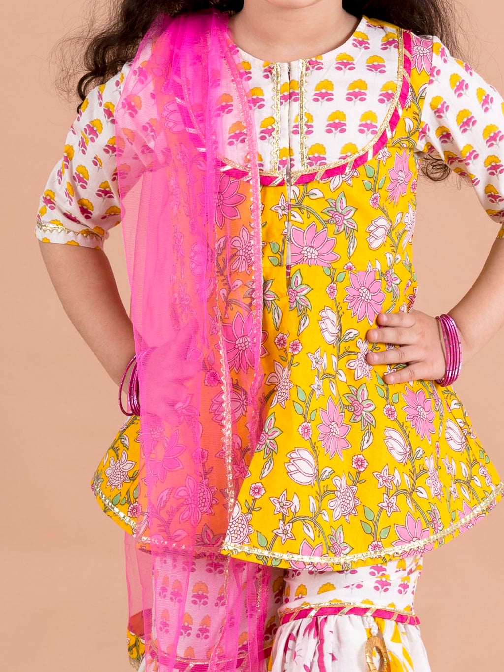 Pspeaches Girls Yellow Floral Printed Pure Cotton Kurti With Sharara With Dupatta