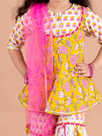 Pspeaches Girls Yellow Floral Printed Pure Cotton Kurti With Sharara With Dupatta