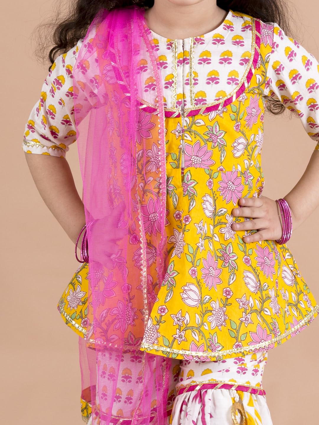 Pspeaches Girls Yellow Floral Printed Pure Cotton Kurti With Sharara With Dupatta